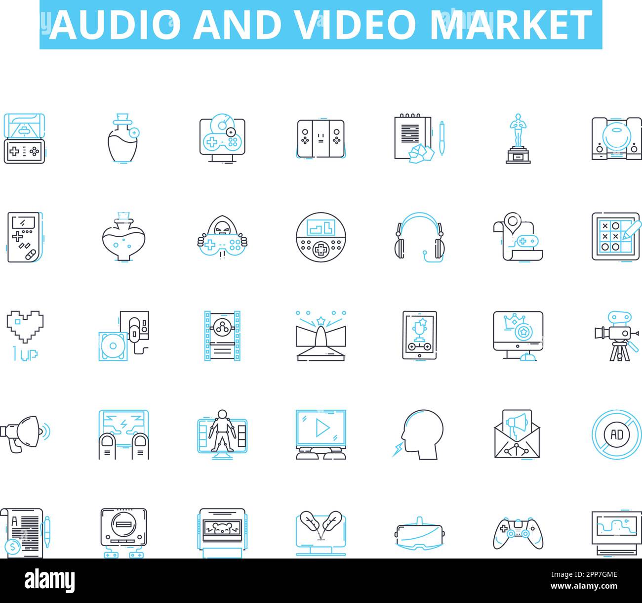 audio and video market linear icons set. Sound, Visuals, Speakers, Headphs, Amplifiers, Microphs, High-definition line vector and concept signs Stock Vector