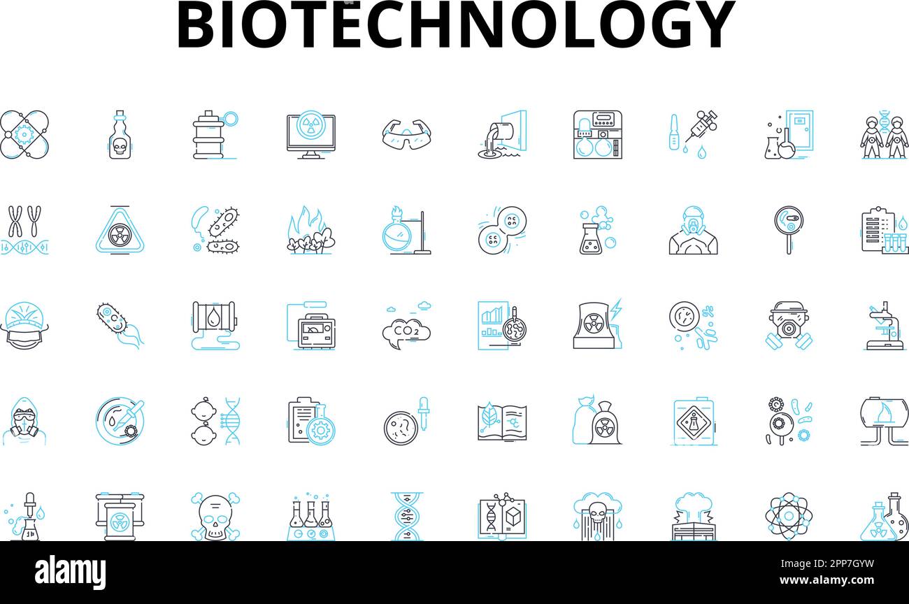 Biotechnology linear icons set. Genetic, Microorganisms, Cloning, Genome, Nanotechnology, Vaccines, Probiotics vector symbols and line concept signs Stock Vector