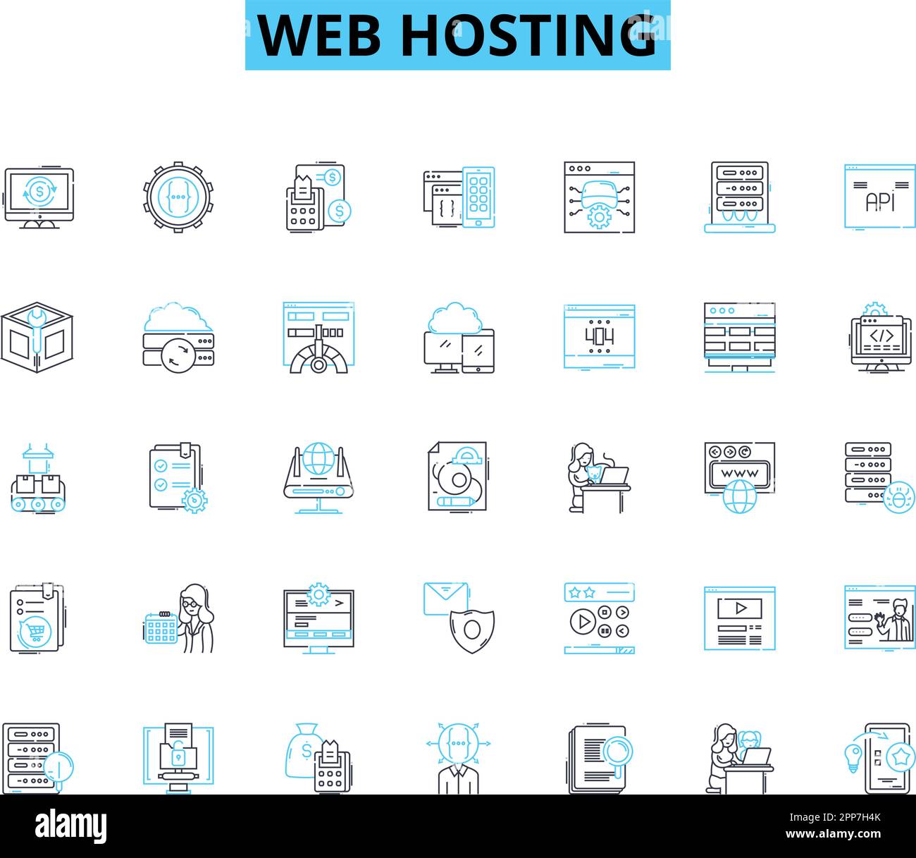 Web Hosting linear icons set. Server, Hosting, Domain, Bandwidth, Uptime, Database, Cloud line vector and concept signs. CMS,Shared,Dedicated outline Stock Vector
