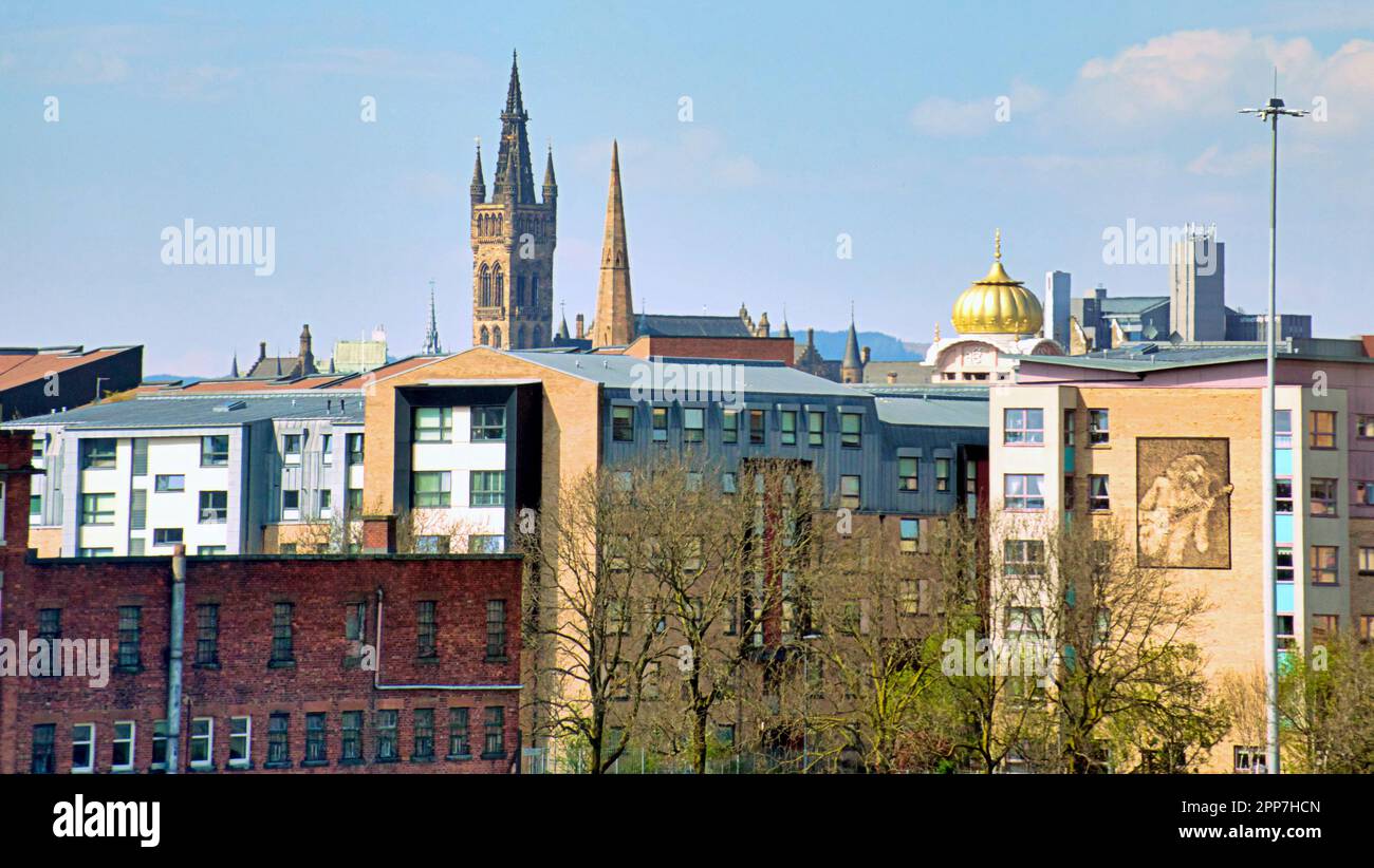 Anderston with the billy connolly mural university toer and Gurdwara Singh Sabha dome amid the high rise flats of the city centre aerial panorama Stock Photo