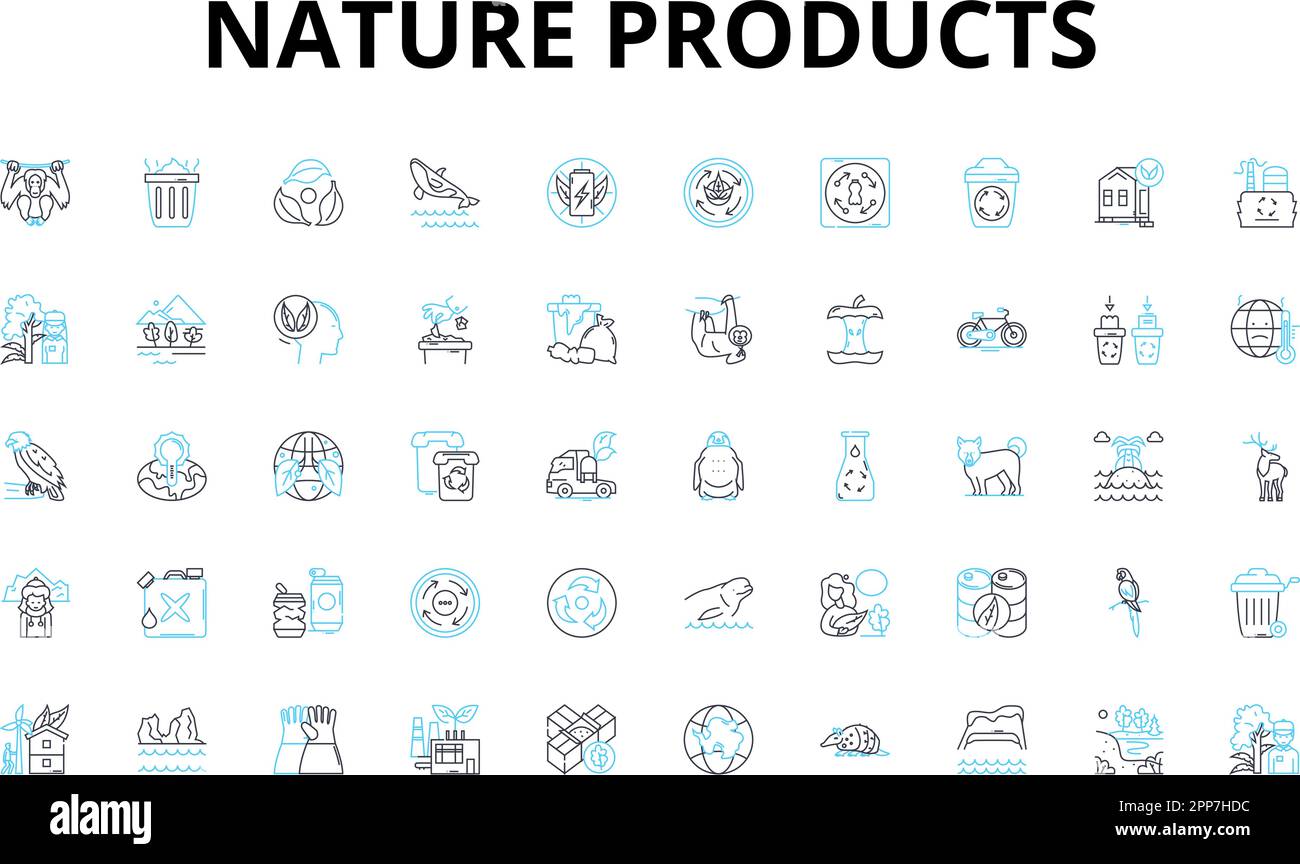 Nature products linear icons set. Organic, Herbal, Eco-friendly, Sustainable, Botanical, Fresh, Clean vector symbols and line concept signs. Natural Stock Vector