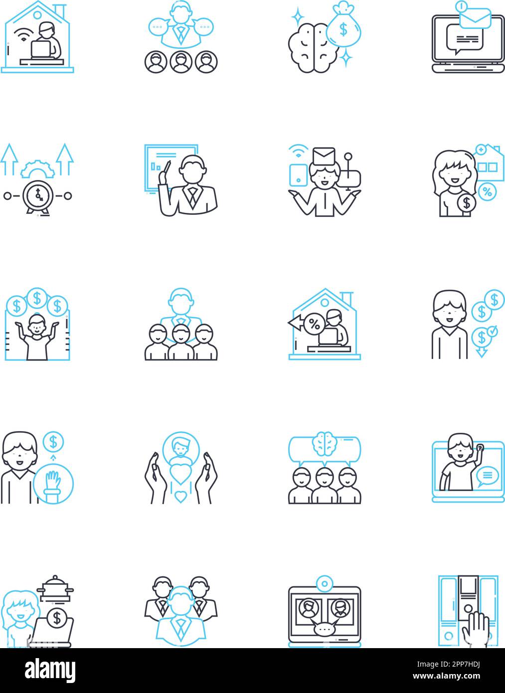 Virtual learning linear icons set. Online, Remote, Interactive, Digital, E-learning, Web-based, Distance line vector and concept signs. Technology Stock Vector