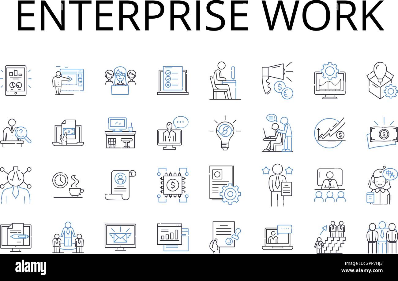 Enterprise work line icons collection. Business tasks, Corporate duties, Professional labor, Career service, Commercial employment, Industrial Stock Vector