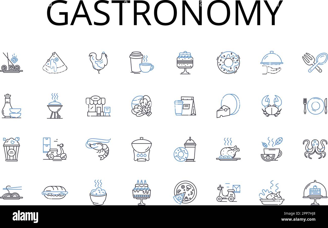 Gastronomy line icons collection. Culinarian Cuisine, Epicurean Delights, Foodie Culture, Gourmet Fare, Savory Cookery, Flavorful Dishes, Bistro-style Stock Vector