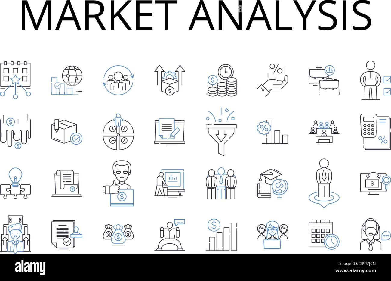 Market analysis line icons collection. Market research, Marketing analysis, Customer analysis, Industry analysis, Competitor analysis, Business Stock Vector