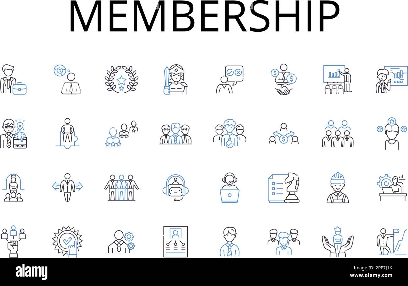 Membership line icons collection. Clubhouse, Fellowship, Alliance, Partnership, Association, Community, Coterie vector and linear illustration. Guild Stock Vector