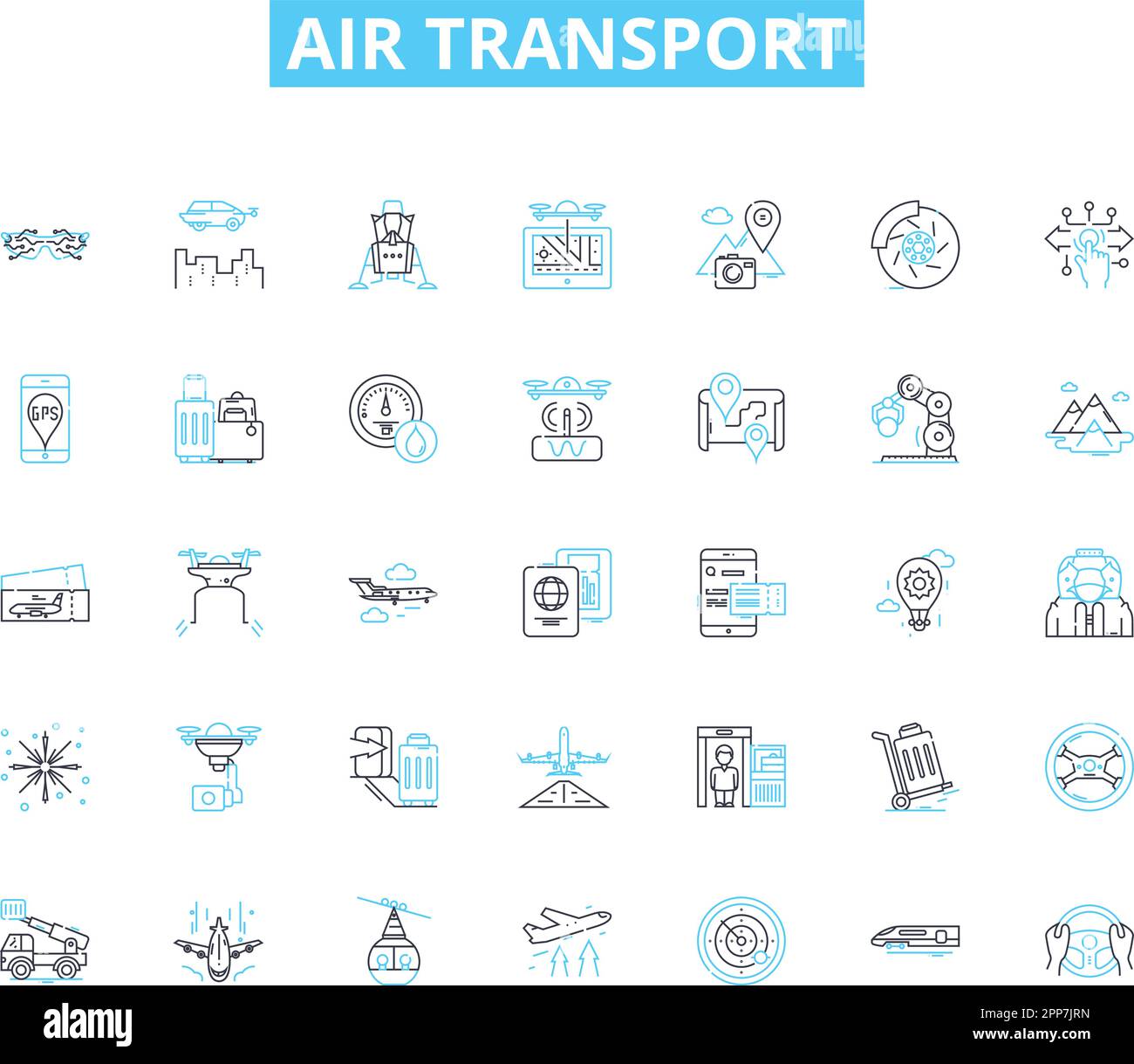 Air transport linear icons set. Flight, Plane, Jet, Helicopter, Airport, Runway, Takeoff line vector and concept signs. Landing,Altitude,Cabin outline Stock Vector
