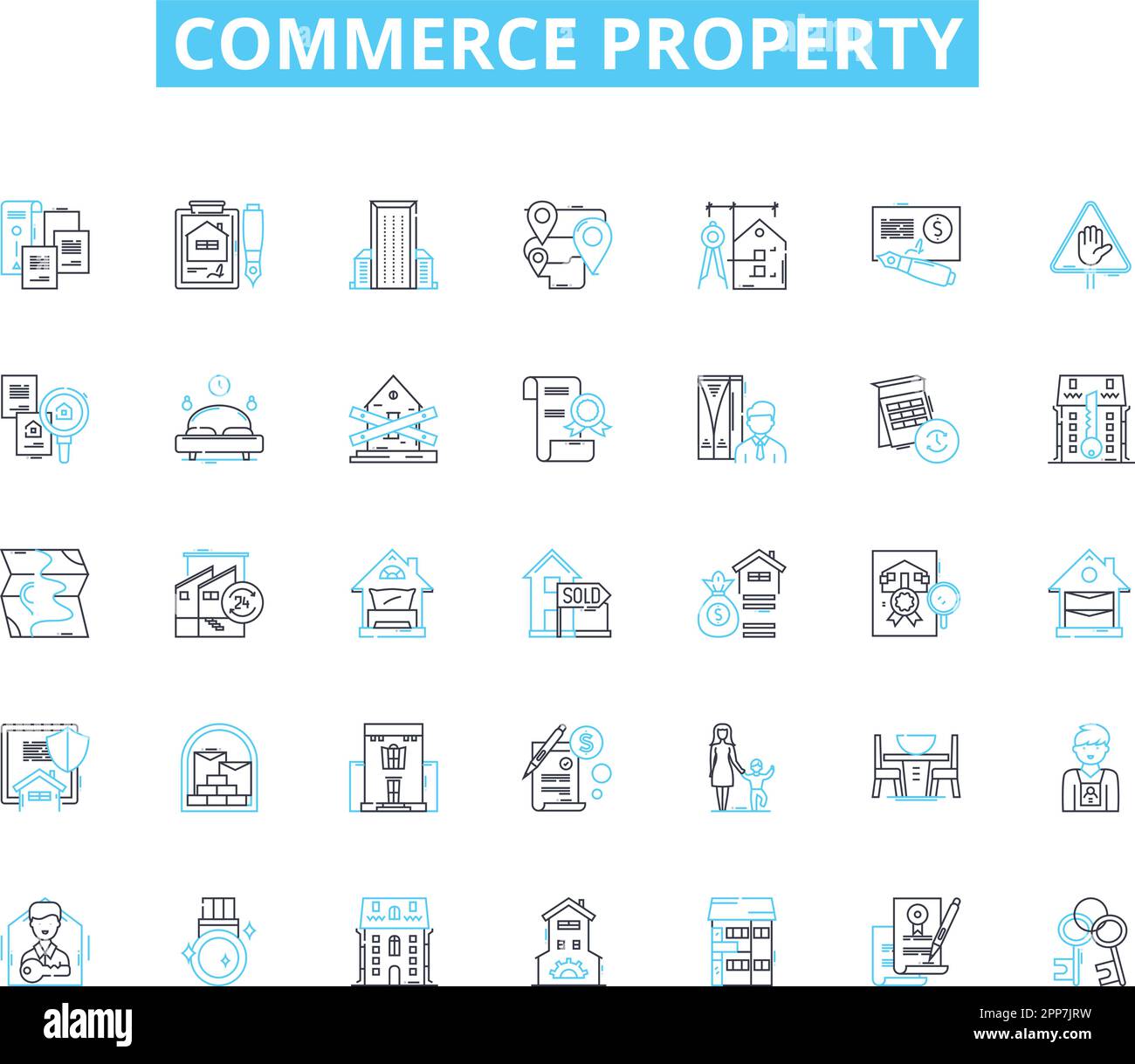 Commerce property linear icons set. Retail, Commercial, Industrial, Office, Warehouse, Shopping, Plaza line vector and concept signs. Strip,Business Stock Vector