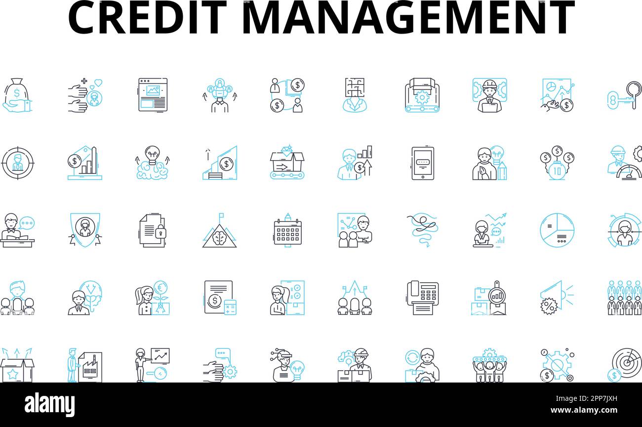 Credit management linear icons set. Budgeting, Debt, Score, Reports, Risk, Monitoring, Payments vector symbols and line concept signs. Interest Stock Vector