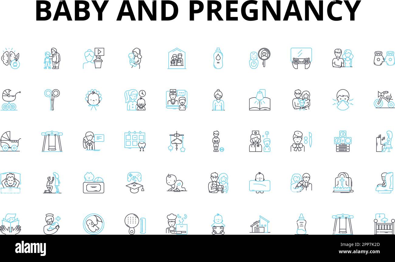 Baby and pregnancy linear icons set. Infant, Maternity, Fetus, Belly, Womb, Labor, Conception vector symbols and line concept signs. Ultrasound,Diaper Stock Vector