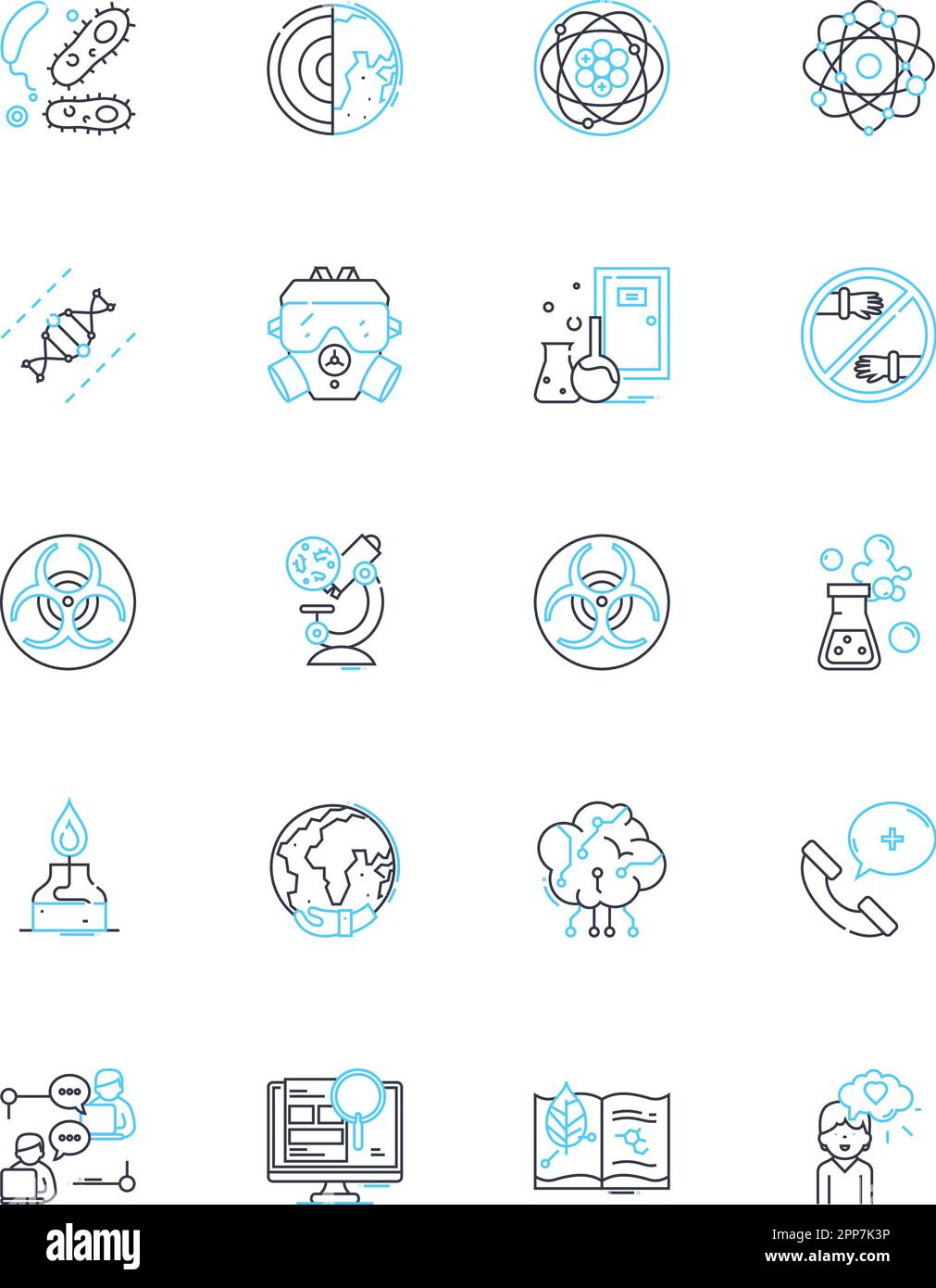 Chemical analysis linear icons set. Spectroscopy, Chromatography, Mass-spectrometry, Elemental-analysis, Solvent-extraction, Gas-chromatography Stock Vector