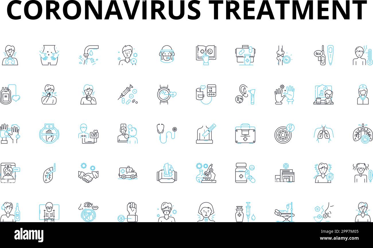 Coronavirus treatment linear icons set. Vaccine, Remdesivir, Hydroxychloroquine, Oxygen, Ventilator, Antibiotics, Antivirals vector symbols and line Stock Vector
