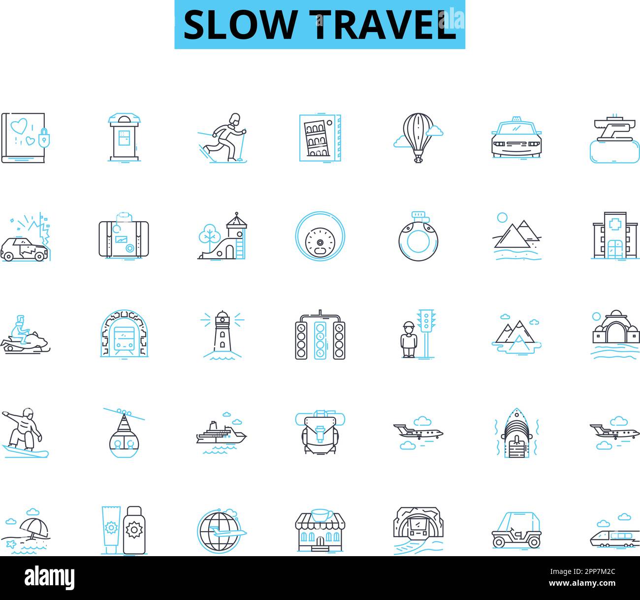 Slow travel linear icons set. Reflection, Introspection, Timelessness ...