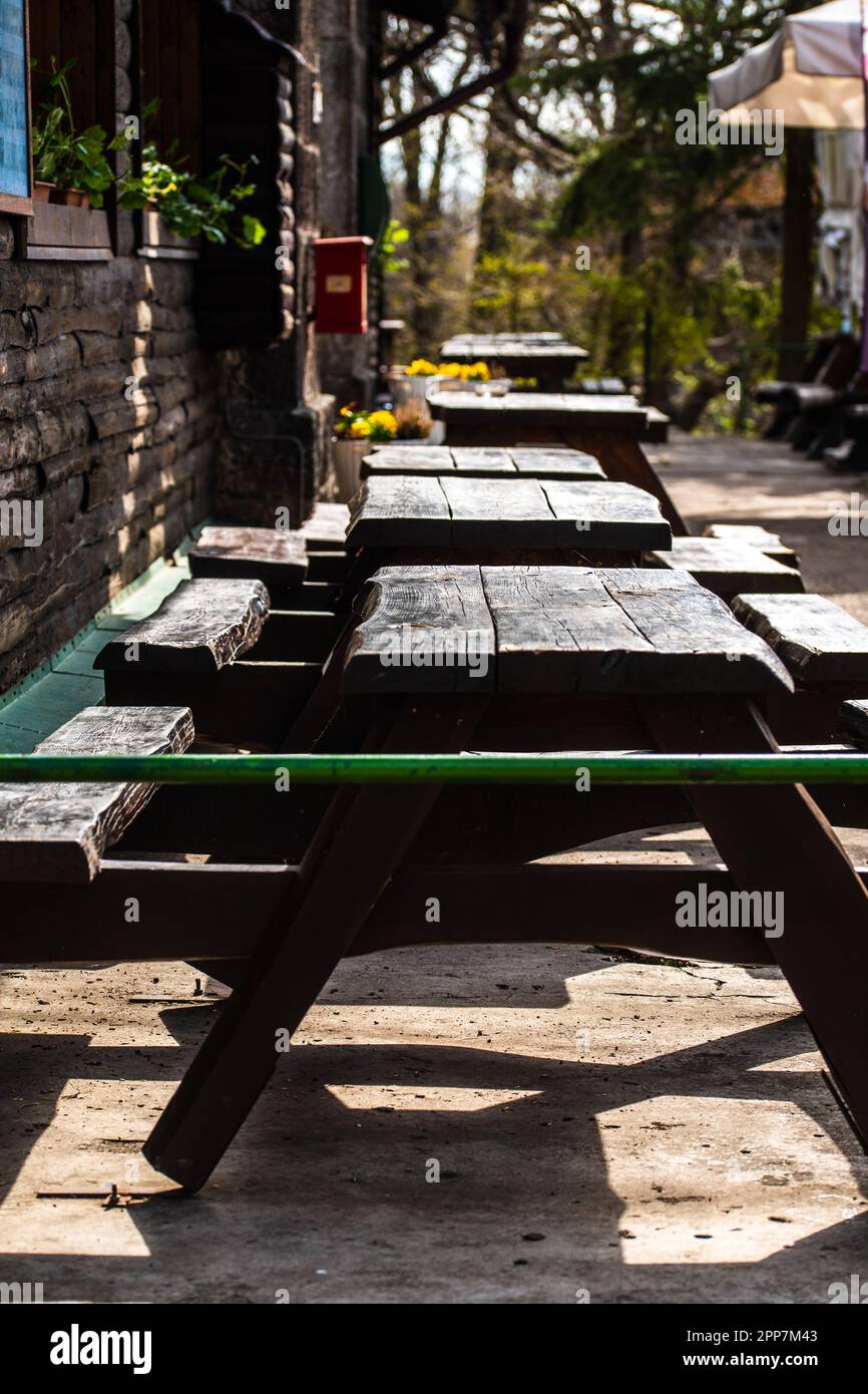 Wooden picnic bench and tables, without people. empty tables and