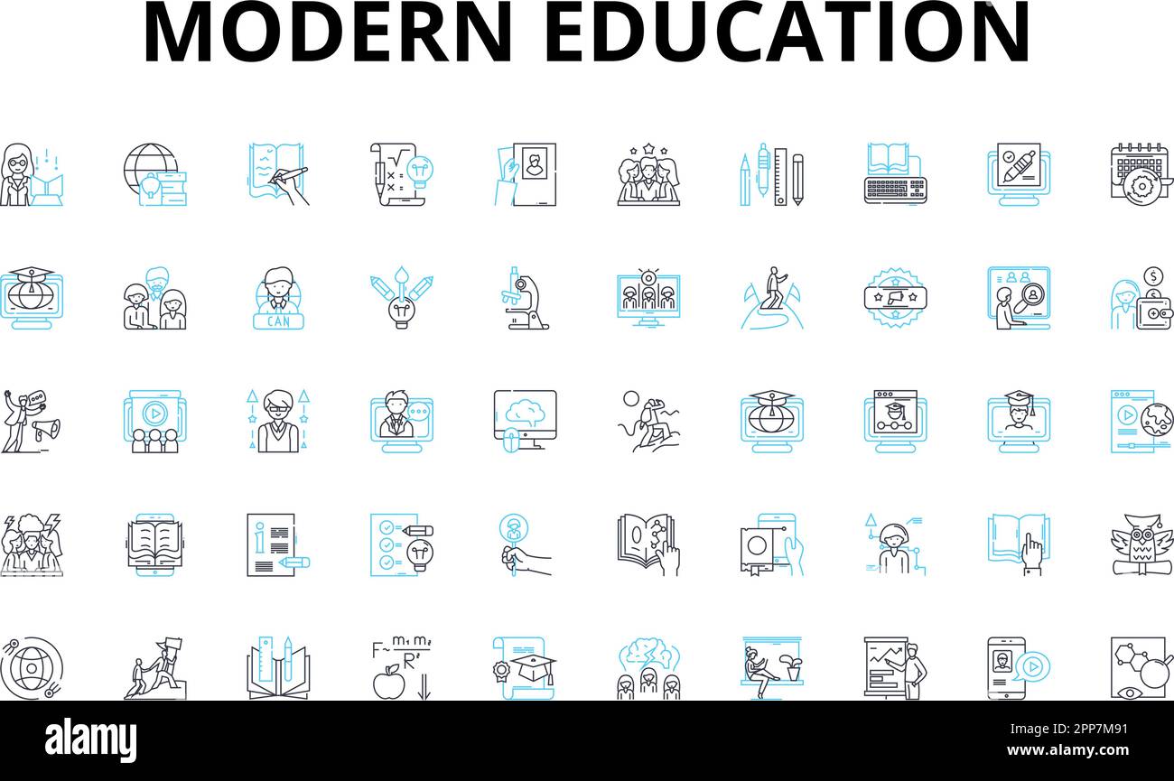Modern education linear icons set. Technology, Collaboration, Innovation, Flexibility, Adaptability, Creativity, Interdisciplinarity vector symbols Stock Vector