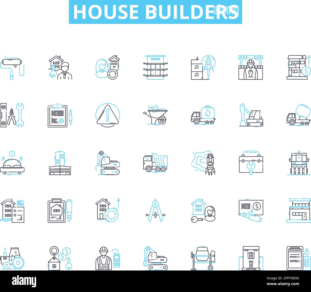 House builders linear icons set. Construction, Architecture, Renovation, Planning, Design, Materials, Blueprint line vector and concept signs Stock Vector