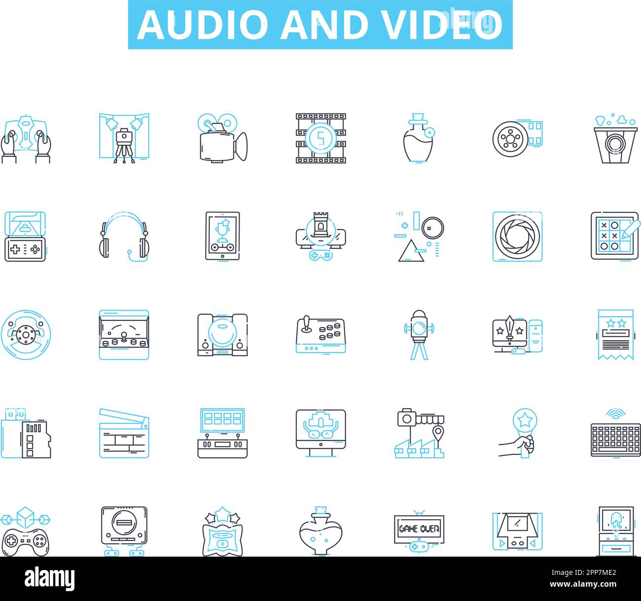 audio and video linear icons set. Playback, Streaming, Editing, Mixing, Recording, Encoding, Sampling line vector and concept signs. Synthesis Stock Vector