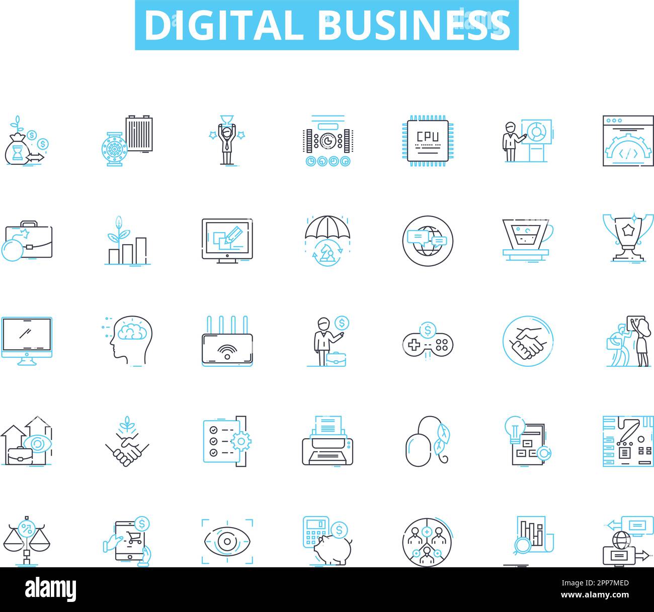 Digital business linear icons set. E-commerce, Innovation, Online, Marketing, Analytics, Cybersecurity, Platform line vector and concept signs. Social Stock Vector