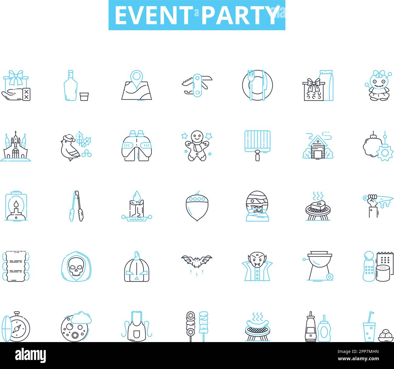 Event party linear icons set. Celebration, Festivity, Gathering, Banquet, Extravaganza, Revelry, Socializing line vector and concept signs. Bash Stock Vector