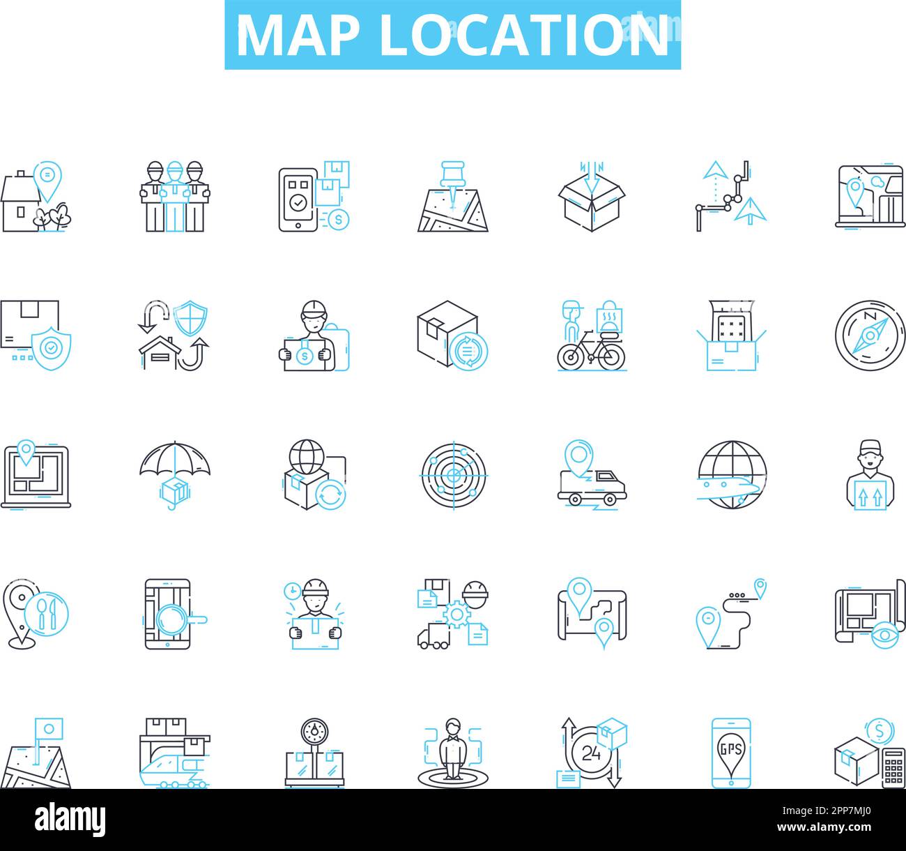 Map location linear icons set. Coordinates, Geolocation, Plot, Navigator, Area, Terrain, Mapquest line vector and concept signs. Navigation,Topography Stock Vector