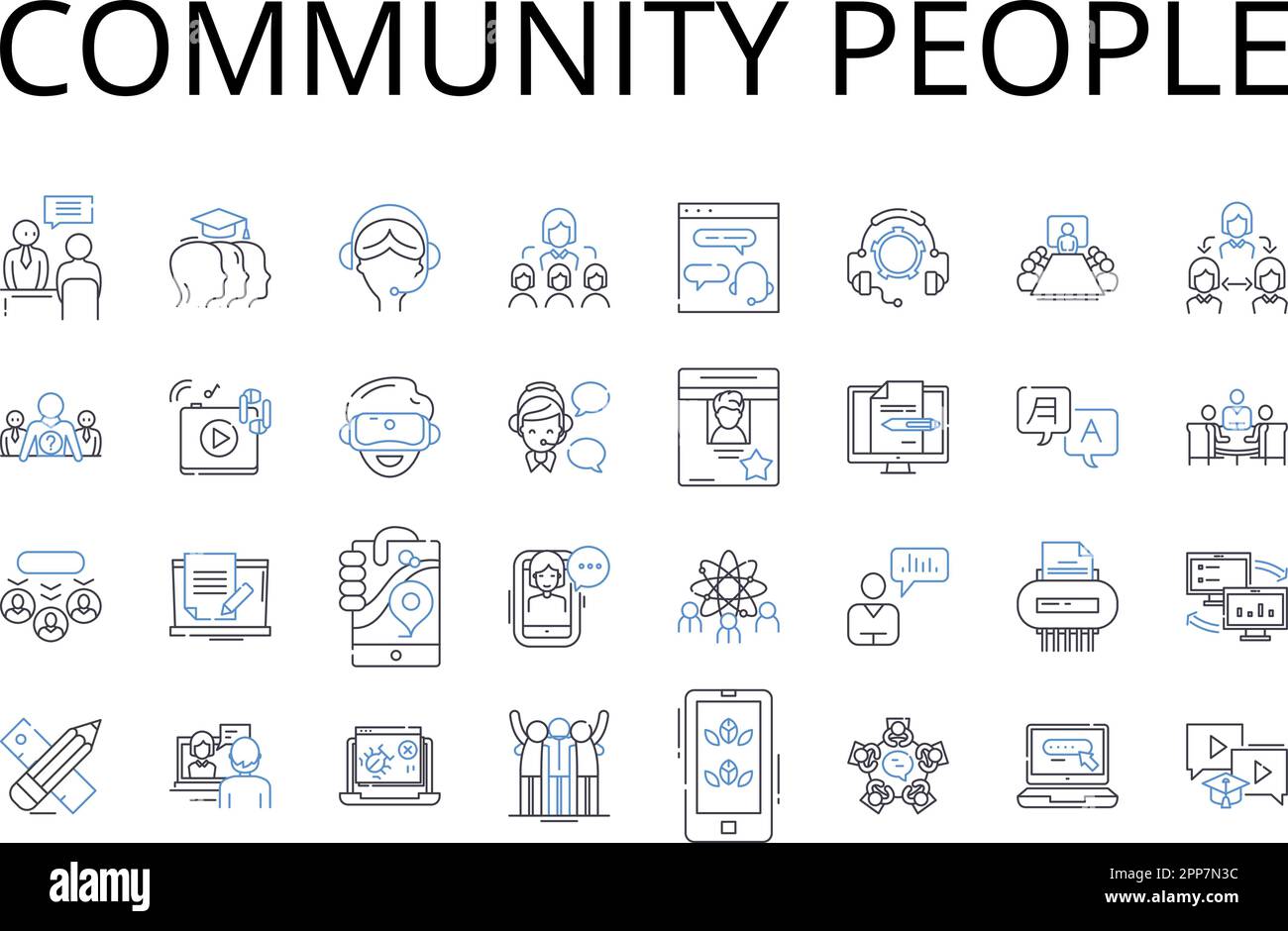 Community people line icons collection. Society individuals, Neighbourhood citizens, Team members, Group comrades, Public residents, Assembly Stock Vector
