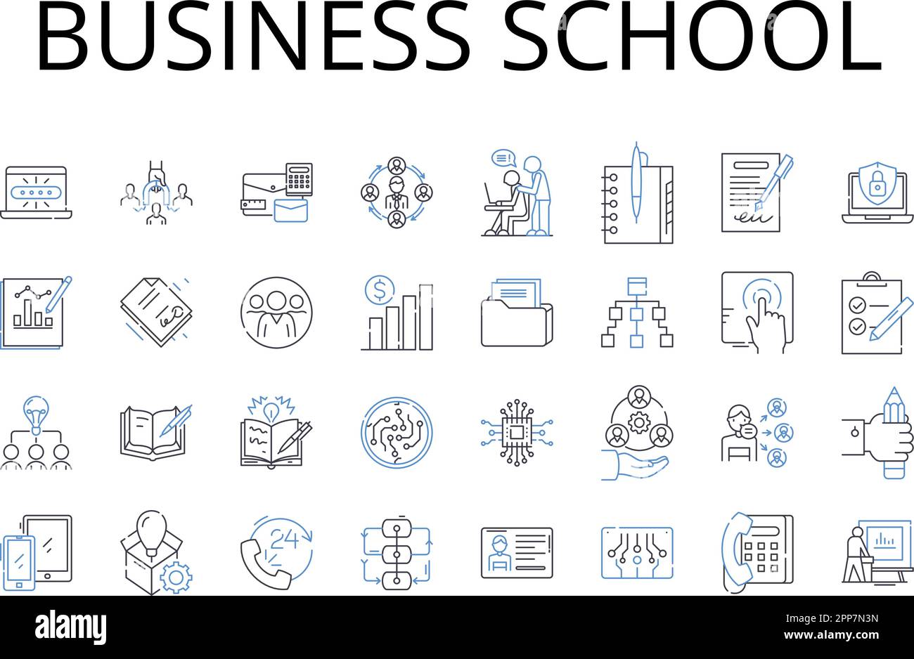 Business school line icons collection. B-school, Management school, Graduate business school, MBA program, Business college, School of commerce Stock Vector