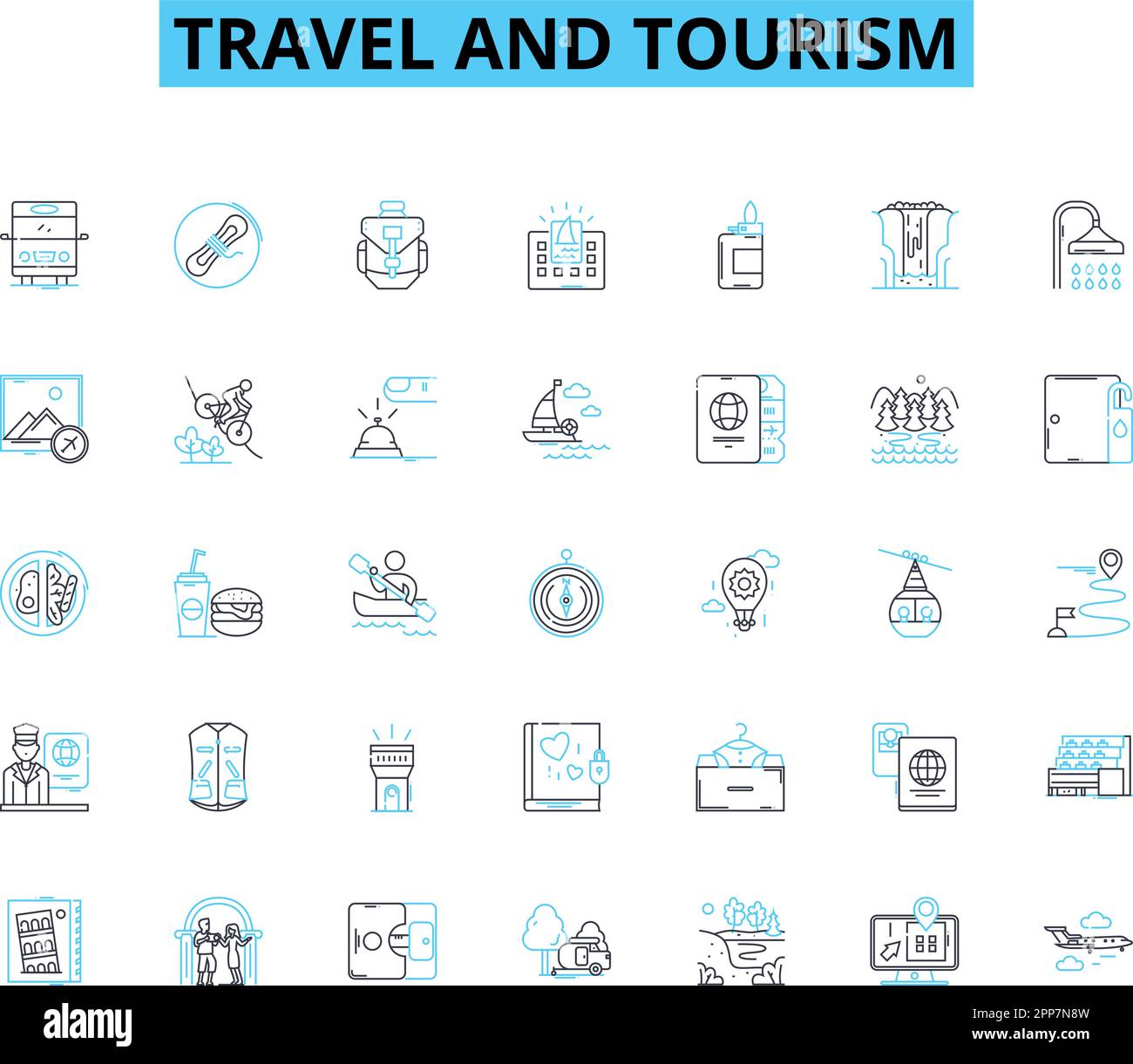 Travel and tourism linear icons set. Adventure, Backpacking, Beaches, Culture, Eco-tourism, Food, Hospitality line vector and concept signs. Islands Stock Vector