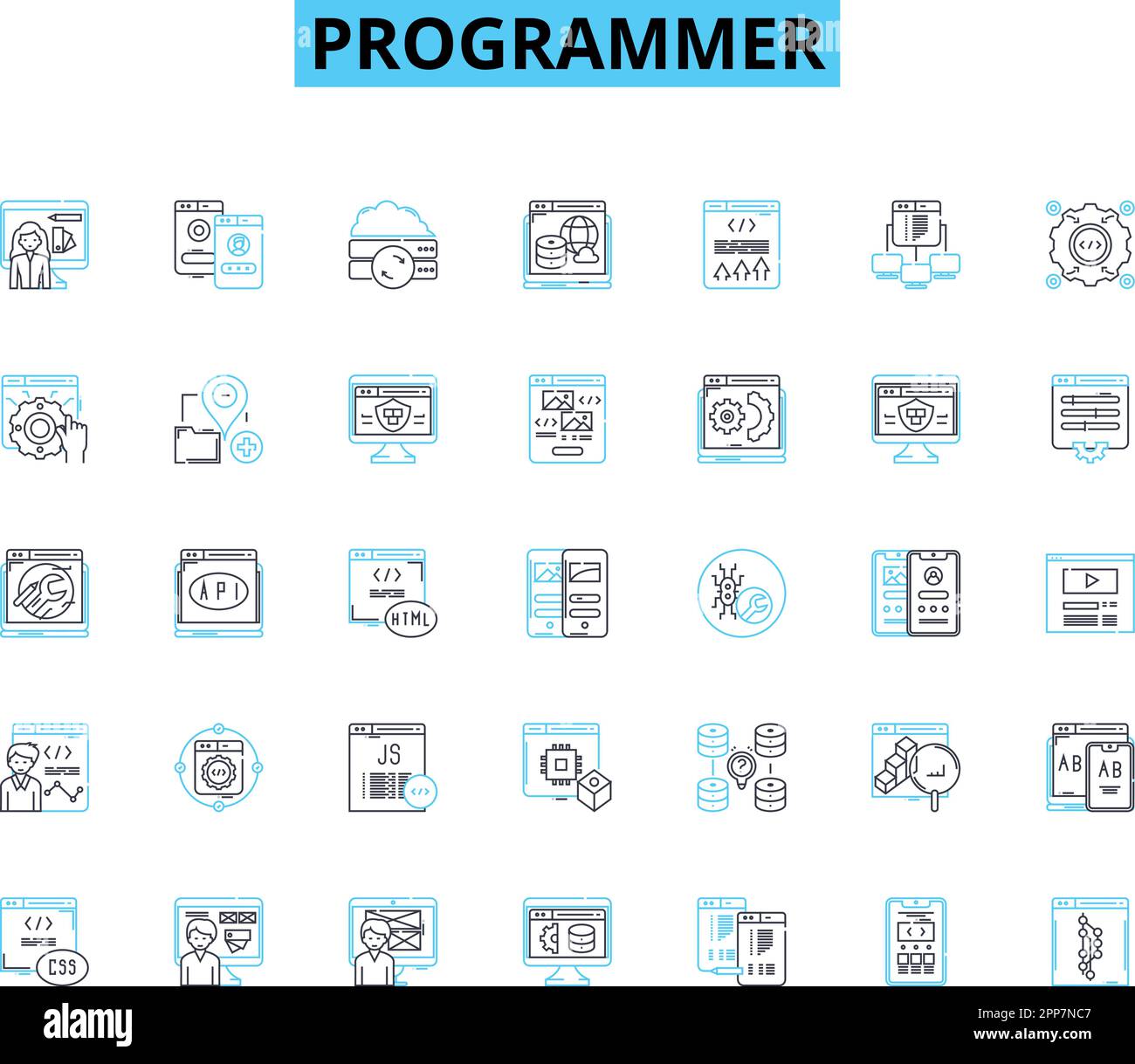 Programmer linear icons set. Coding, Debugging, Algorithms, Syntax, Variables, Loops, Logic line vector and concept signs. Functions,Programming Stock Vector