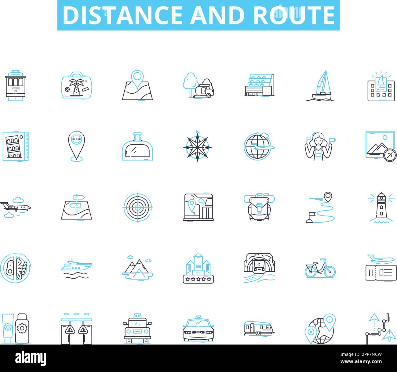 Distance and route linear icons set. Navigation, Direction, Journey, Route, Travel, Path, Distance line vector and concept signs. Mileage,Wayfinding Stock Vector