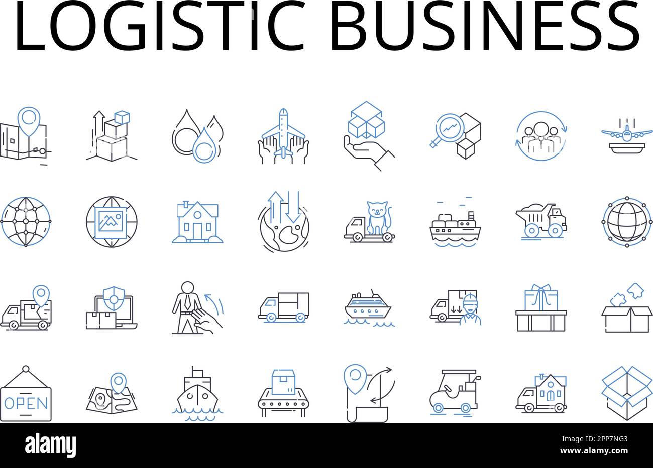 Logistic business line icons collection. Supply chain management, Distribution system, Transportation services, Fleet management, Warehousing Stock Vector