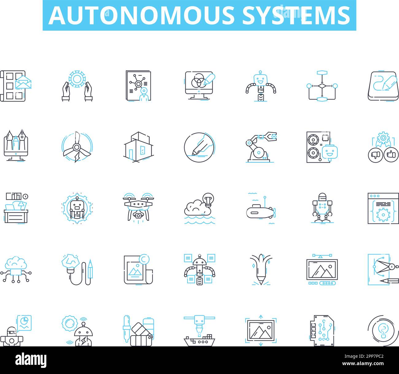 Autonomous systems linear icons set. Robotics, Automation, Self-driving, AI, Intelligence, Machine, Computer line vector and concept signs. Optical Stock Vector