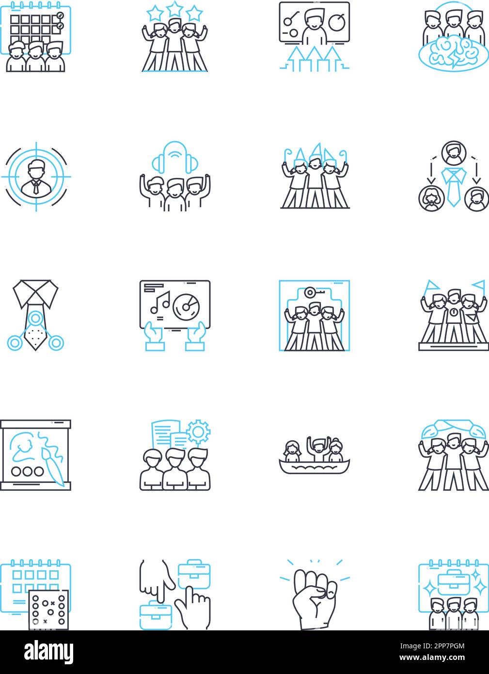 Project team linear icons set. Collaboration, Coordination, Communication, Leadership, Innovation, Creativity, Commitment line vector and concept Stock Vector