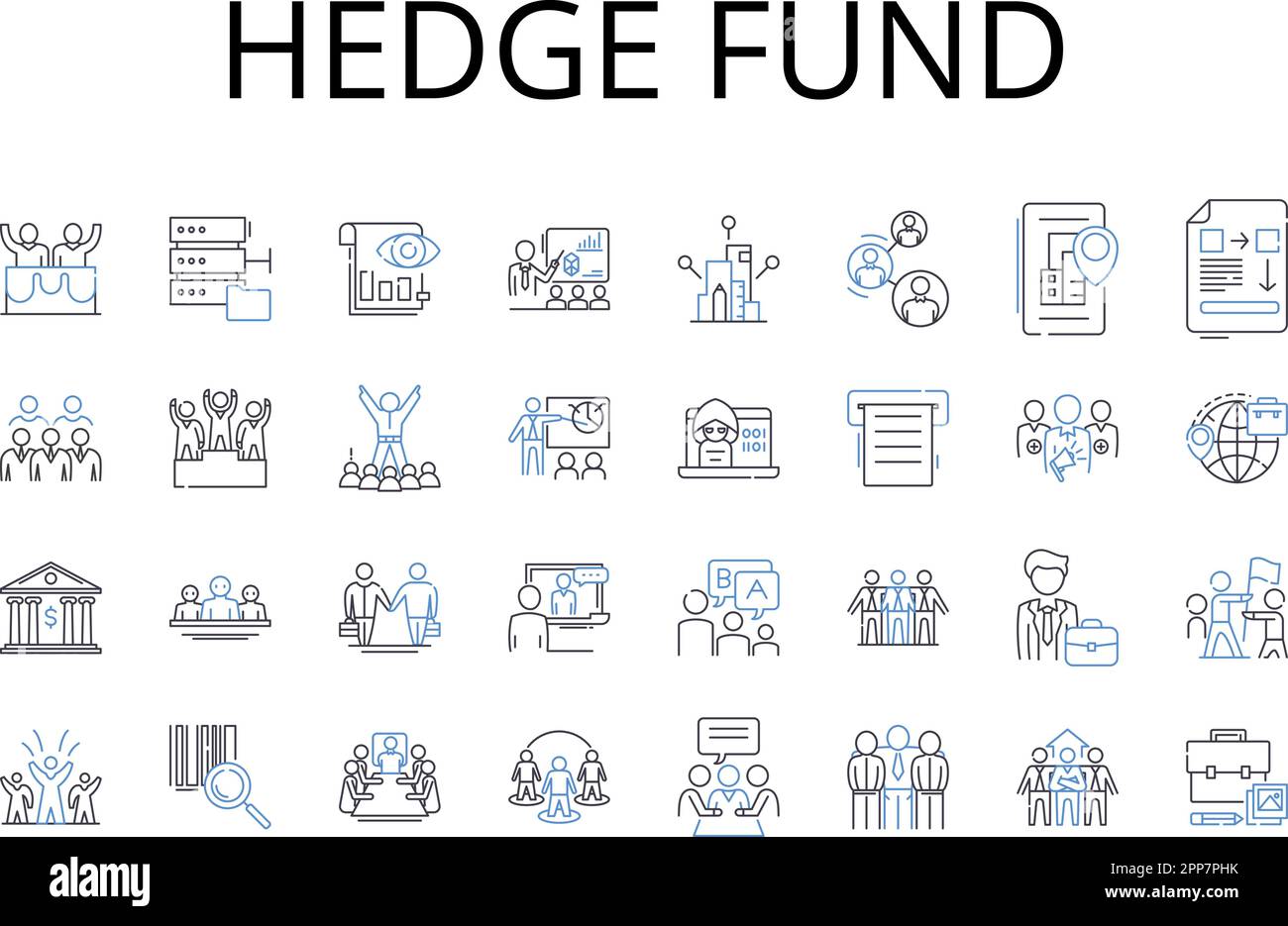 Hedge fund line icons collection. Wealth management, Investment vehicle, Venture capital, Angel investing, Mutual fund, Private equity, Asset Stock Vector