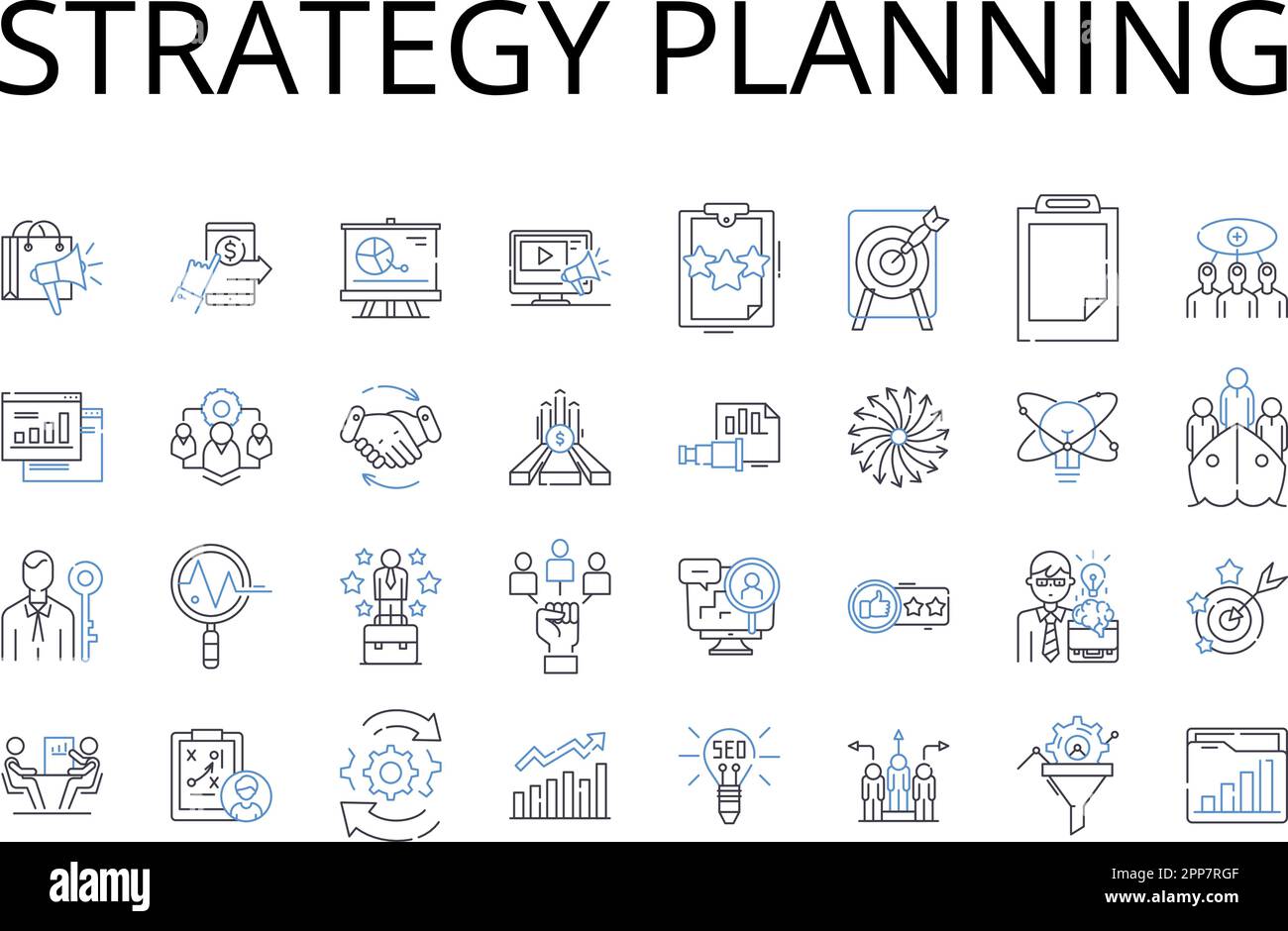 Strategy planning line icons collection. Goal setting, Action plan, Idea generating, Project mapping, Task scheduling, Decision making, Future mapping Stock Vector