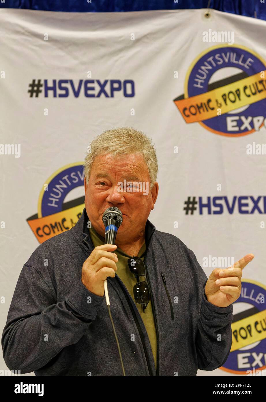 Huntsville, Alabama, USA. 22 Apr 2023. Star Trek actor William Shatner speaks on the second day of the 2023 Huntsville Comic & Pop Culture Expo on Saturday, April 22, 2023 at the Von Braun Center in Huntsville, Madison County, AL, USA. The Canadian actor and author, 92, is perhaps best known for his portrayal of Capt. James Tiberius Kirk in the original Star Trek television series and subsequent movies. (Credit: Billy Suratt/Apex MediaWire via Alamy Live News) Stock Photo
