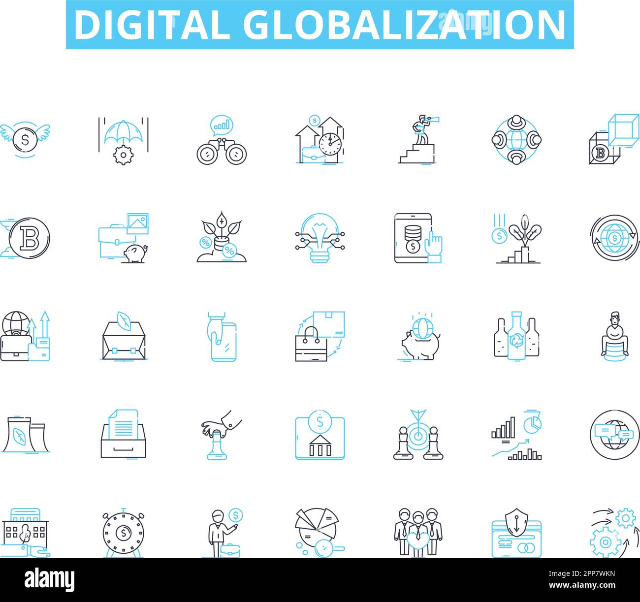 Digital globalization linear icons set. Connectivity, Interdependence, Integration, Digitalization, Expansion, Homogenization, Standardization line Stock Vector