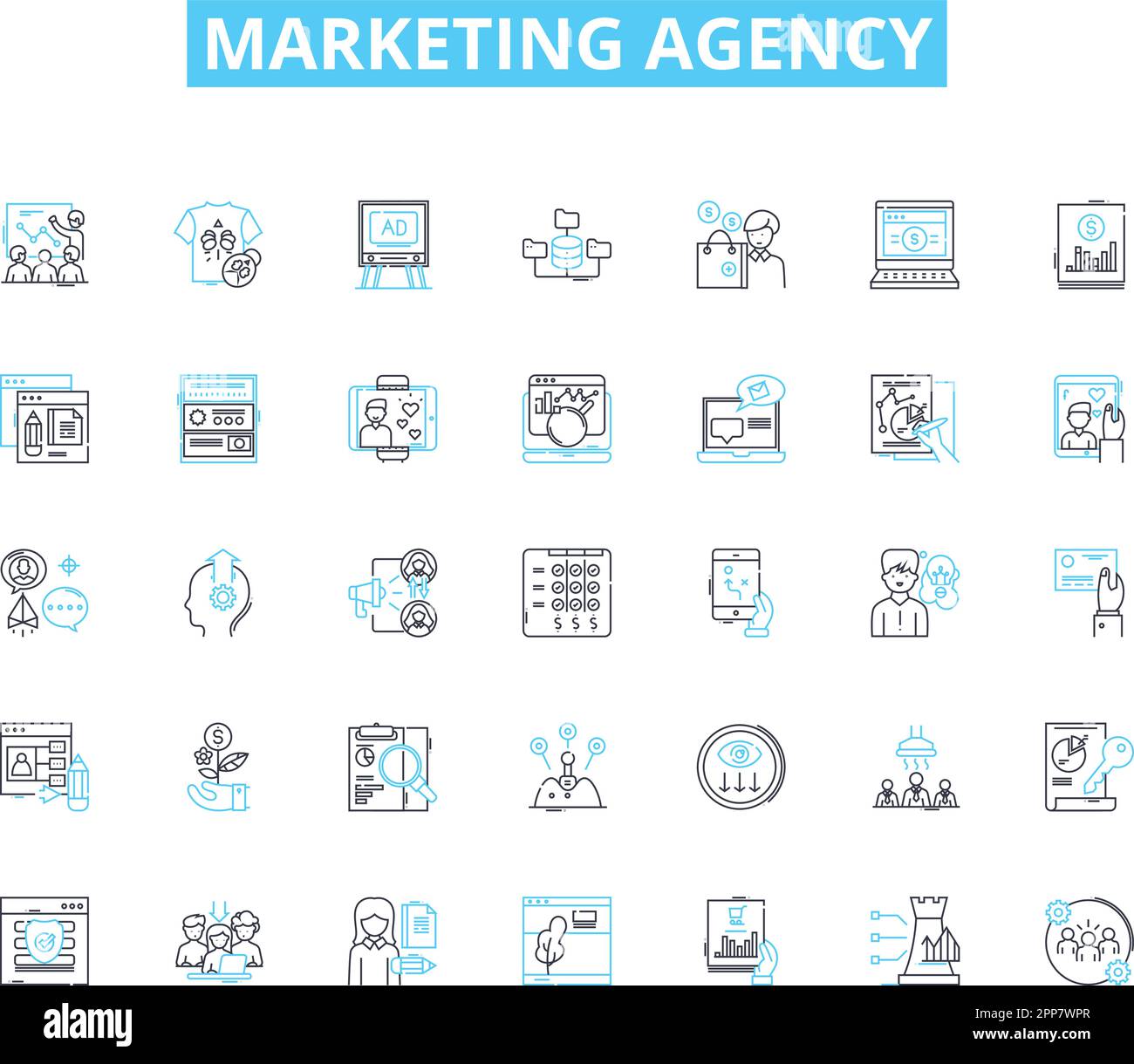 Marketing agency linear icons set. Strategy, Branding, Advertising ...