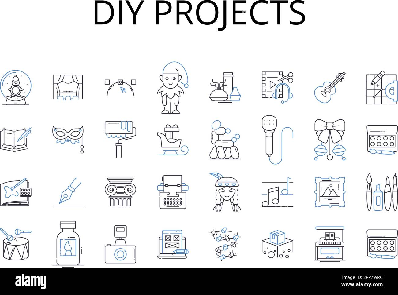DIY projects line icons collection. Home improvement, Craft ideas, Art projects, Outdoor activities, Science experiments, Educational games, Creative Stock Vector