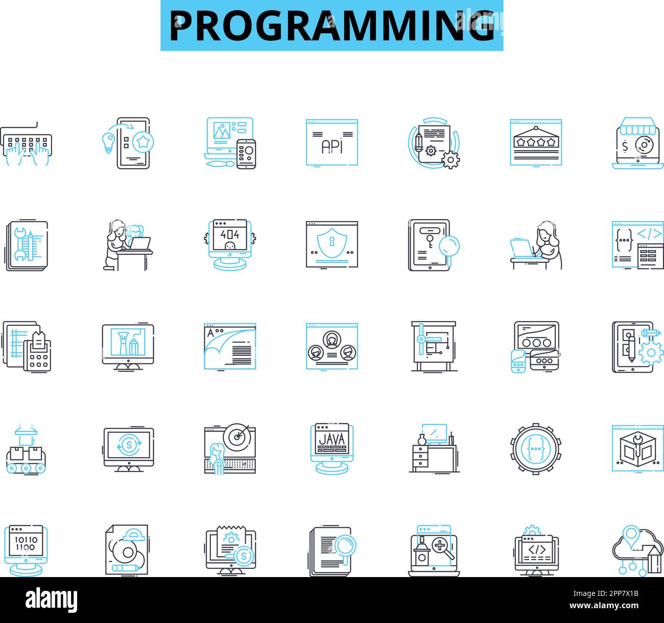 Programming linear icons set. Debugging, Syntax, Function, Algorithm, Compiler, Loop, Variable line vector and concept signs. Code,Framework,Paradigm Stock Vector