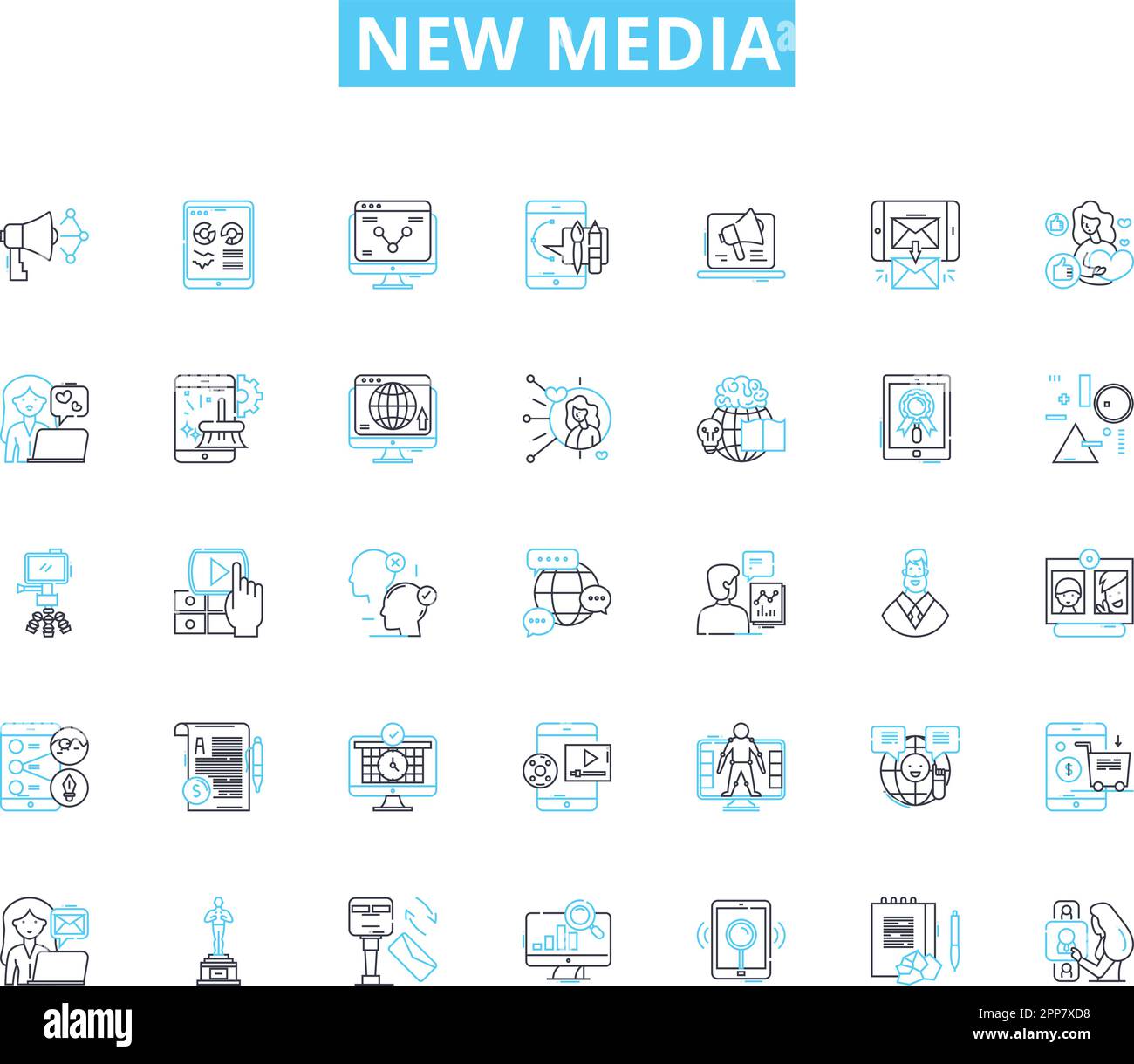 New media linear icons set. Interactivity, Digitalization, Connectivity, Innovation, Disruption, Virality, Collaboration line vector and concept signs Stock Vector