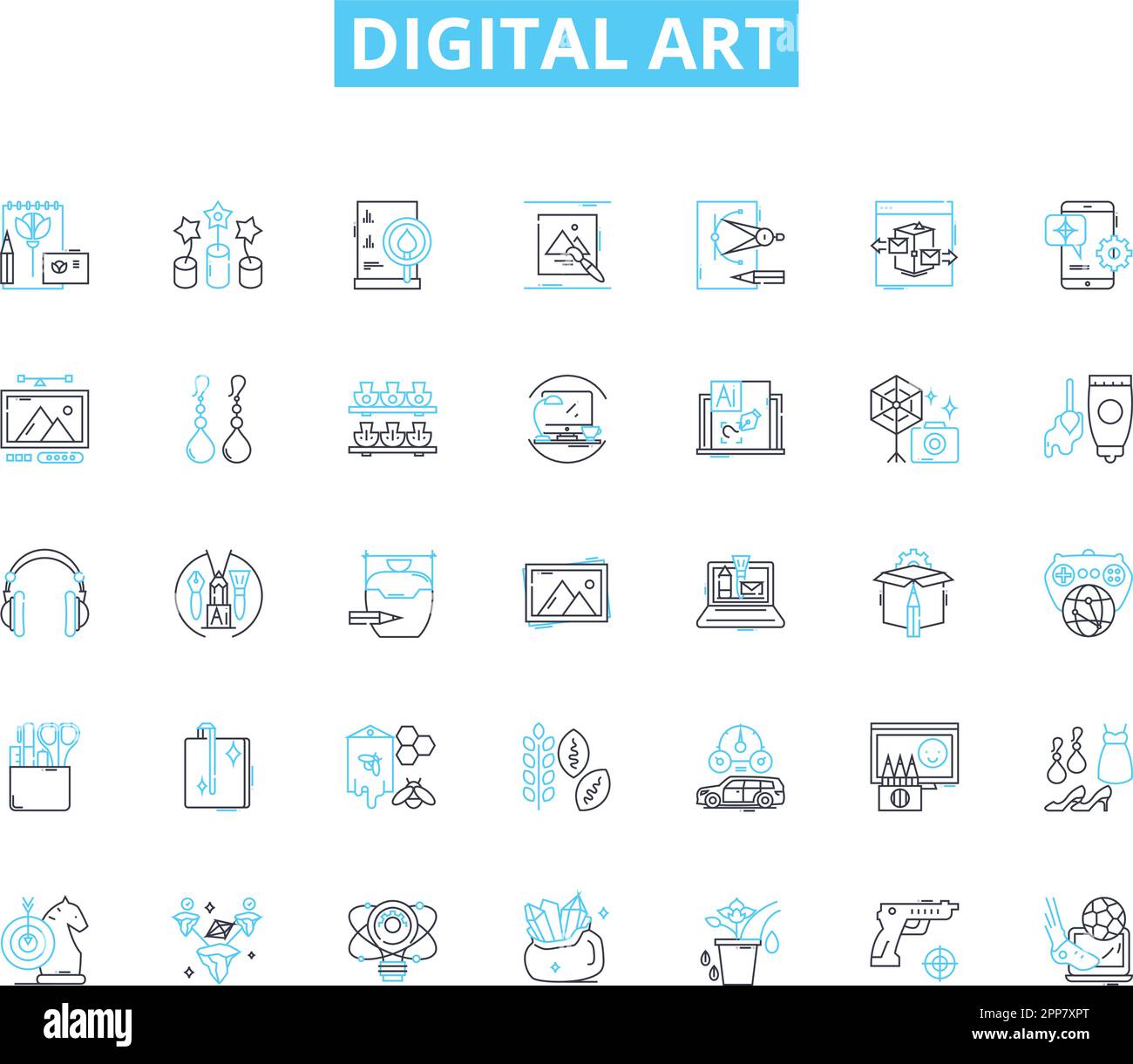 Digital art linear icons set. Pixels, Vector, Painting, Sketching, Coloring, Rendering, Fractal line vector and concept signs. Animation,Modeling Stock Vector