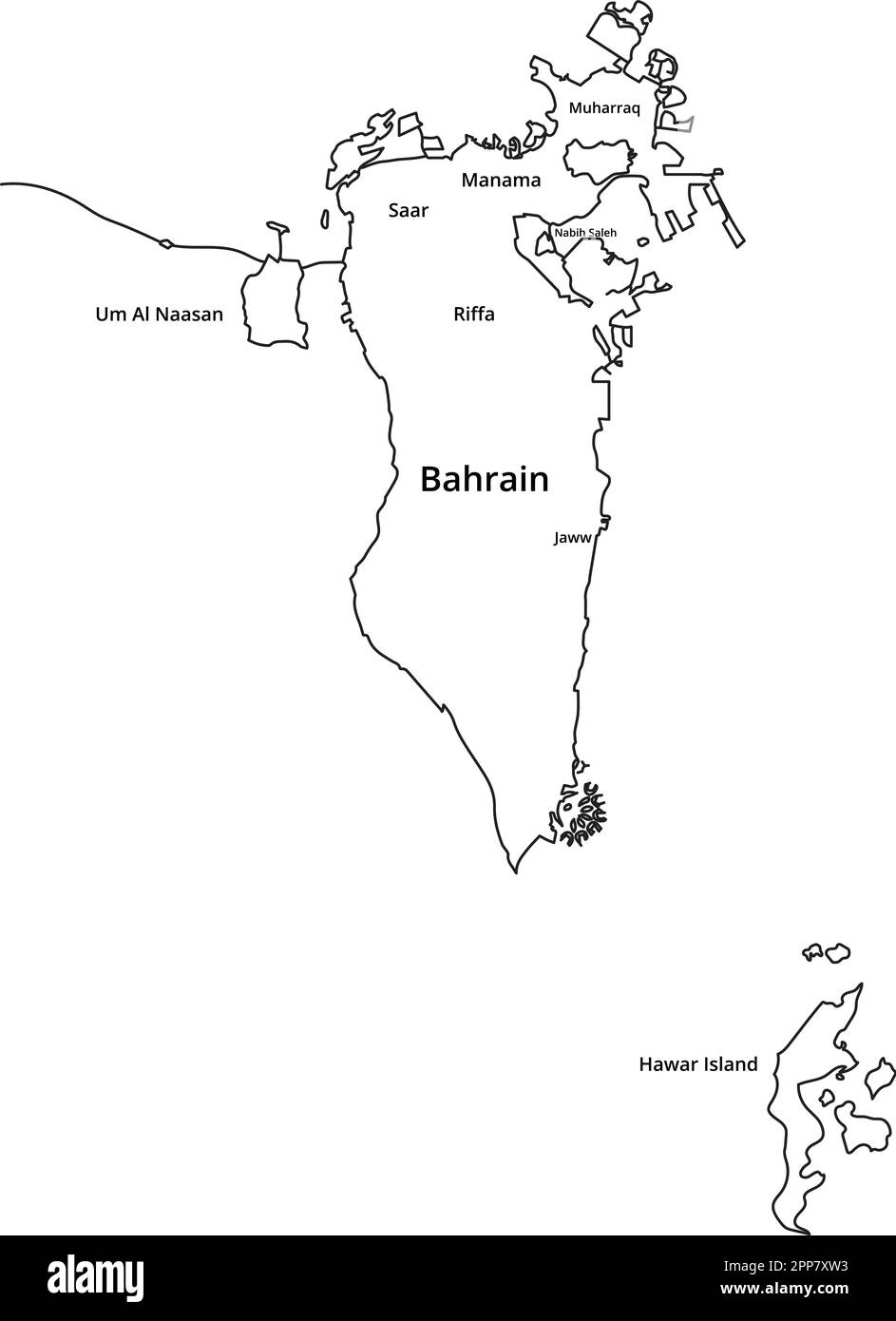 Bahrain Map Outline Detailed with main areas names. Vector illustration