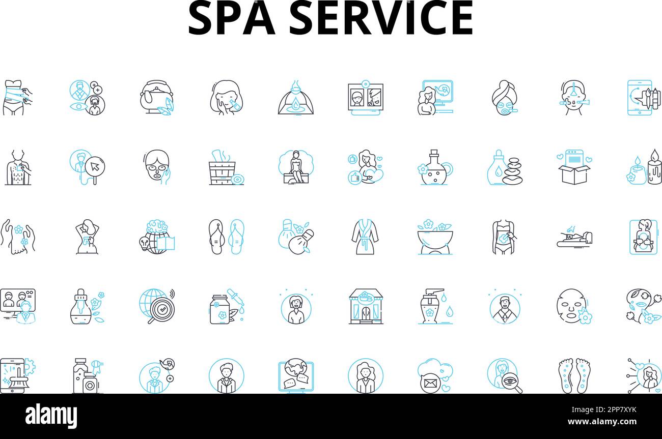 Spa service linear icons set. Relaxation, Pampering, Rejuvenation, Serenity, Therapy, Bliss, Tranquility vector symbols and line concept signs Stock Vector