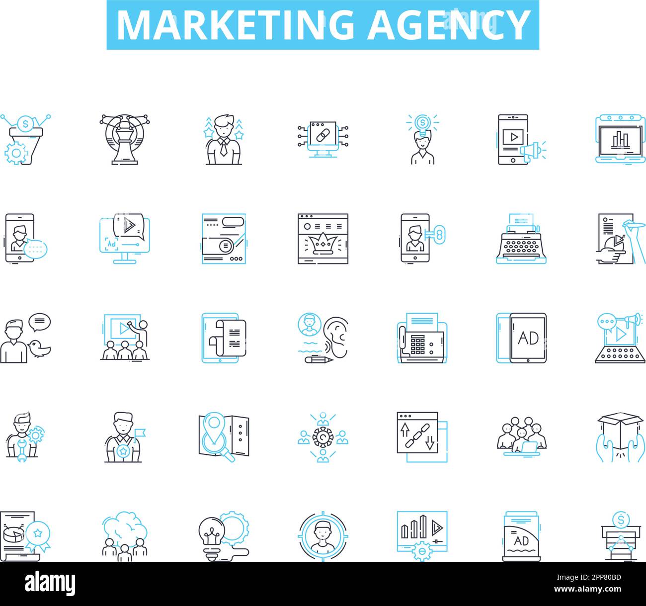 Marketing agency linear icons set. Strategy, Branding, Advertising ...