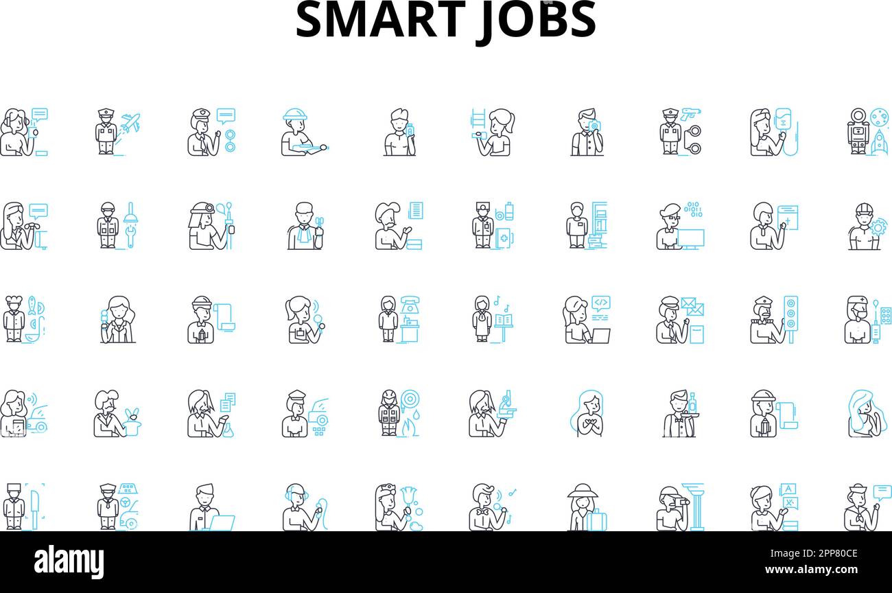 Smart jobs linear icons set. Innovation, Flexibility, Efficiency, Automation, Telecommuting, Empowerment, Digitization vector symbols and line concept Stock Vector