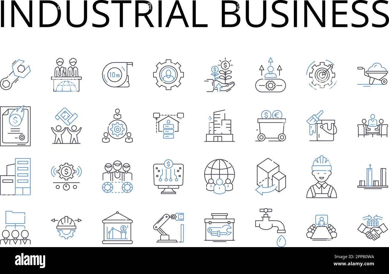 Industrial business line icons collection. Creative marketing, Corporate finance, Environmental impact, Financial services, Social media, Urban Stock Vector