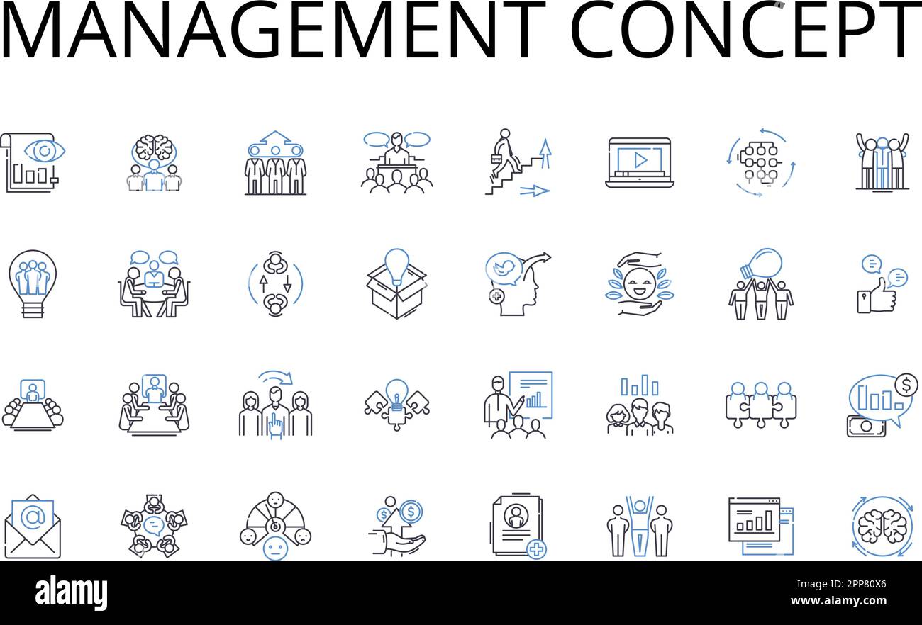 Management concept line icons collection. Leadership theory, Communication strategy, Decision-making process, Organizational plan, Business model Stock Vector