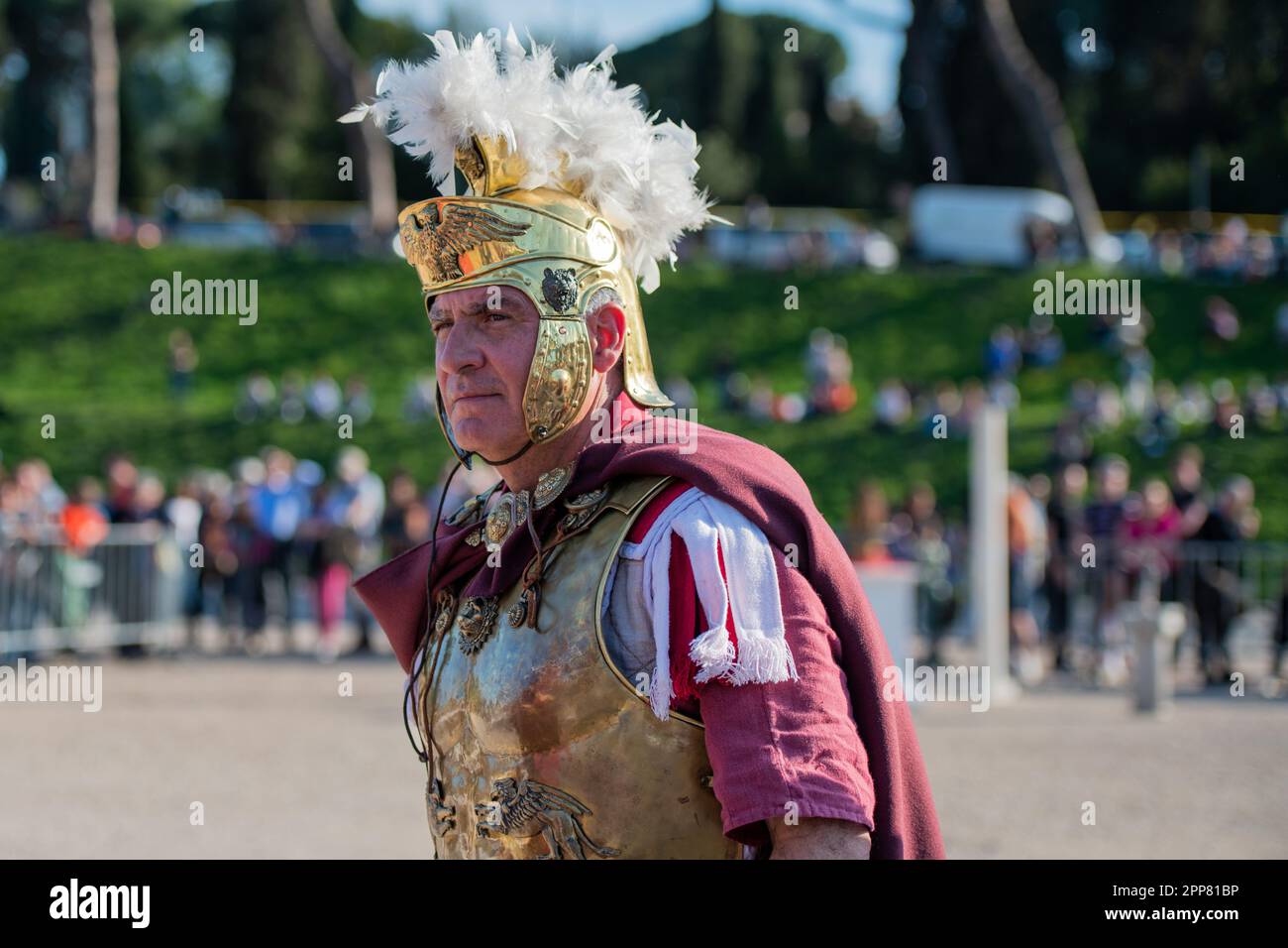 Man in ancient Roman centurion clothes takes part during the event