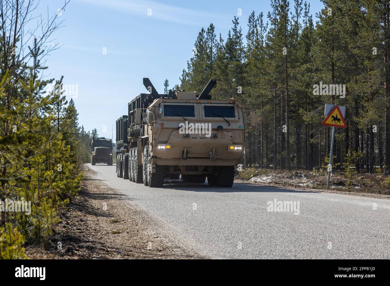 U.S. Marines with 2d Combat Engineer Battalion, 2d Marine Division, conduct convoy operations near Sveg, Sweden, April 18, 2023. Marines are deployed to Norway as part of Marine Rotational Forces Europe 23.1 which focuses on regional engagements throughout Europe by conducting various exercises, arctic cold-weather and mountain warfare training, and military-to-military engagements, which enhance overall interoperability of the U.S. Marine Corps with allies and partners. (U.S. Marine Corps photo by Sgt. Christian M. Garcia) Stock Photo
