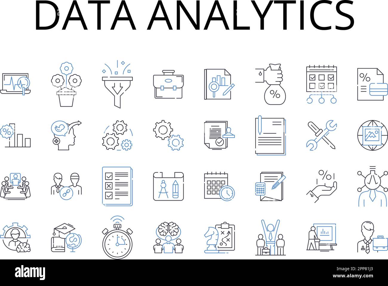 Data Analytics line icons collection. Business Intelligence, Information Management, Knowledge Discovery, Customer Insights, Market Research Stock Vector